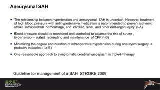 Aneurysmal SAH The relationship between hypertension and aneurysmal  SAH is uncertain. However, treatment of high blood pressure with antihypertensive medication is recommended to prevent ischemic stroke, intracerebral  hemorrhage, and  cardiac, renal, and other end-organ injury. (I-A) Blood pressure should be monitored and controlled to balance the risk of stroke , hypertension-related  rebleeding and maintenance  of CPP (I-B) Minimizing the degree and duration of intraoperative hypotension during aneurysm surgery is probably indicated (IIa-B) One reasonable approach to symptomatic cerebral vasospasm is triple-H therapy. Guideline for management of a-SAH  STROKE 2009  