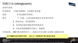 硝酸甘油 (nitroglycerin)   血管扩张剂 作用机制  主要扩张静脉，大剂量扩张动脉 优势  扩张冠脉作用明显 缺点  1.  头痛，心动过速和低血压是首要付作用 2.  颅内压高、青光眼禁用 3.  血容量过低时谨防体位性低血压 4.  个体对剂量敏感性差别大，易耐药 应用范围： JNC VII 仅推荐用于 --  高血压合并心梗 / 心绞痛 冠脉综合症  由于硝酸甘油对动脉扩张弱， JNC VII  未推荐用于其它高血压急症 JNC VII.  Paul E, et al. Hypertensive Crises challenges and management. CHEST 2007; 131:1949-1962  ， Andrew R., et al. Current Diagnosis and Management of Hypertensive Emergency. Seminars in Dialysis- Vol 19, No 6 (Nov.-Dec) 2006 pp.502-512 