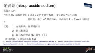 硝普钠 (nitroprusside sodium) 血管扩张剂 作用机制：硝普钠中的亚硝基是它的扩血管基团，可分解为 NO 引起血 管扩张。由于 NO 极不稳定，停止滴注 1 ～ 2min 血压即回升 优势  1.  起效很快，作用时间短 2.  降压作用强 3.  降压反应率高 95-100% （ 3 ） 应用范围：大部分高血压患者 1 。  Paul E, et al. Hypertensive Crises challenges and management. CHEST 2007; 131:1949-1962  2 。  William J., et al. Management of Hypertensive Crises. Current Hypertention Reports 2003, 5:486-492  3 。 Michael M. Hirschl. Guidelines for the drug treatment of hypertensive crises. Drugs 50(6): 991-1000,1995 