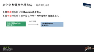 先以 1000ug/min 速度泵入 亚宁定剂量及使用方法  ( 输液泵用法 ) 1. 需 快速 降压时 :   1000ug/min 速度泵入 2. 需 平稳 降压时 :  亚宁定以 100 － 400ug/min 的速度泵入 100-400ug/min 速度泵入 血压下降 