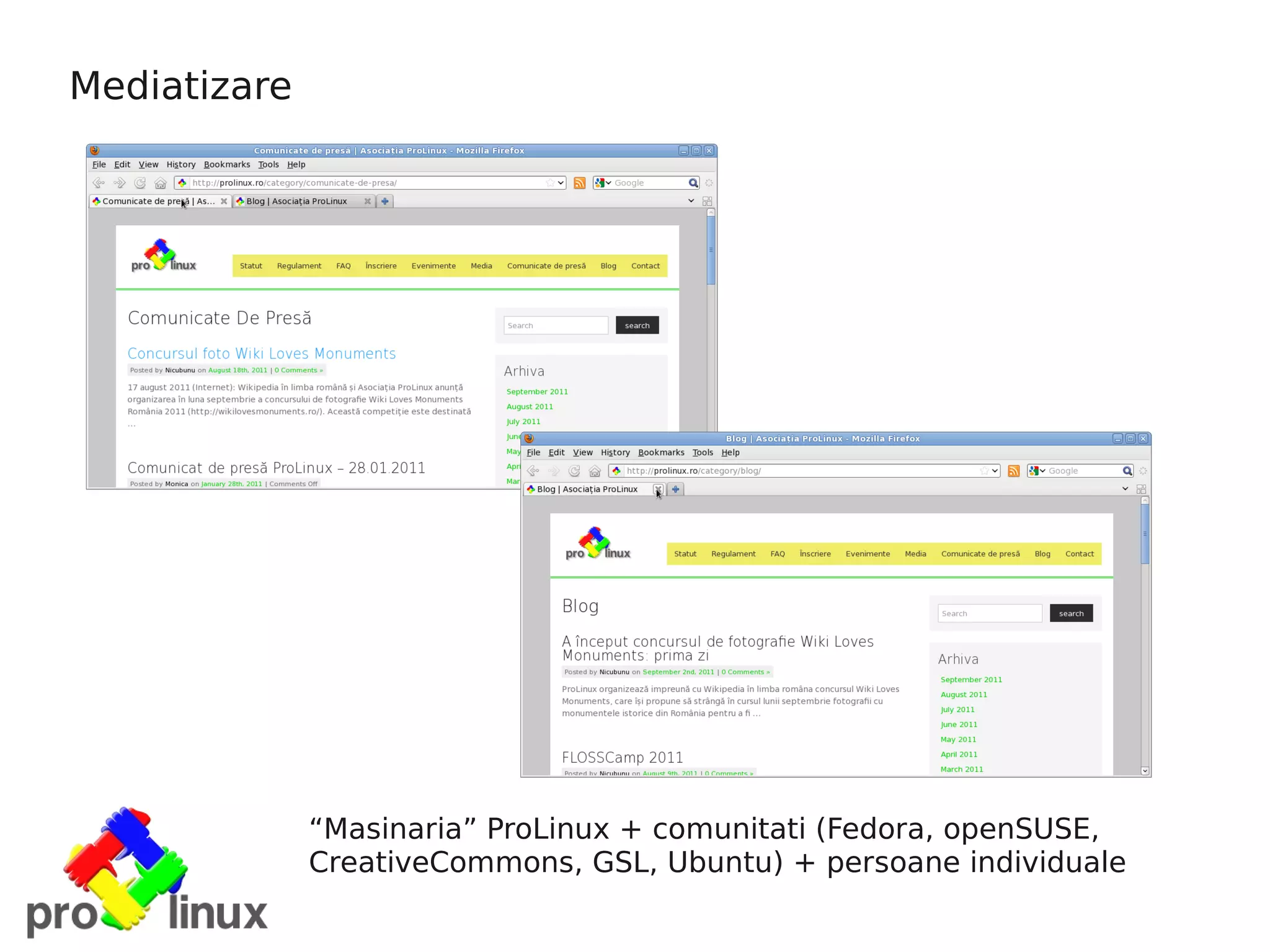 Mediatizare




              “Masinaria” ProLinux + comunitati (Fedora, openSUSE,
              CreativeCommons, GSL, Ubuntu) + persoane individuale
 