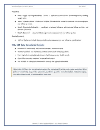 Neonatal ICU (NICU) Excellence Manual Dr J L Meena
Neonatal ICU (NICU) Excellence Manual – Dr J L Meena | Page 33
Procedure
● Step 1: Apply Discharge Readiness Criteria — apply structured criteria (thermoregulation, feeding,
weight gain).
● Step 2: Provide Parental Education — provide comprehensive education on home care, warning signs,
and follow-up needs.
● Step 3: Coordinate Follow-Up — coordinate structured follow-up with neonatal follow-up clinics and
relevant specialists.
● Step 4: Document — document discharge readiness assessment and follow-up plan.
Quality Standards
● 100% of discharges include documented readiness assessment and follow-up coordination.
NICU SOP Daily Compliance Checklist
● Golden-hour stabilization documented for every admission today.
● Thermoregulation and monitoring verified continuously for every patient.
● Every high-alert medication administered with documented double-check.
● Central line necessity reviewed for every line in place.
● Any incident or safety concern reported through the appropriate system.
SOPs in the NICU are the operating instructions for protecting life at its most fragile beginning. When
followed consistently, they are the systematic foundation of golden-hour stabilization, medication safety,
and developmental care for every newborn in the unit.
 