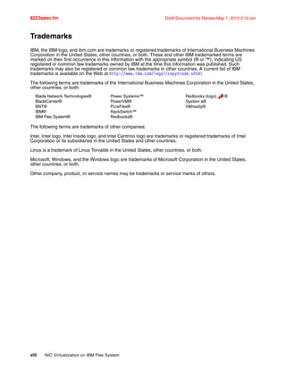 8223spec.fm Draft Document for Review May 1, 2014 2:10 pm
viii NIC Virtualization on IBM Flex System
Trademarks
IBM, the IBM logo, and ibm.com are trademarks or registered trademarks of International Business Machines
Corporation in the United States, other countries, or both. These and other IBM trademarked terms are
marked on their first occurrence in this information with the appropriate symbol (® or ™), indicating US
registered or common law trademarks owned by IBM at the time this information was published. Such
trademarks may also be registered or common law trademarks in other countries. A current list of IBM
trademarks is available on the Web at http://www.ibm.com/legal/copytrade.shtml
The following terms are trademarks of the International Business Machines Corporation in the United States,
other countries, or both:
Blade Network Technologies®
BladeCenter®
BNT®
IBM®
IBM Flex System®
Power Systems™
PowerVM®
PureFlex®
RackSwitch™
Redbooks®
Redbooks (logo) ®
System x®
VMready®
The following terms are trademarks of other companies:
Intel, Intel logo, Intel Inside logo, and Intel Centrino logo are trademarks or registered trademarks of Intel
Corporation or its subsidiaries in the United States and other countries.
Linux is a trademark of Linus Torvalds in the United States, other countries, or both.
Microsoft, Windows, and the Windows logo are trademarks of Microsoft Corporation in the United States,
other countries, or both.
Other company, product, or service names may be trademarks or service marks of others.
 