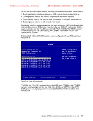 Chapter 5. NIC virtualization considerations on the server side 93
Draft Document for Review May 1, 2014 2:10 pm NIC virtualization considerations - Server side.fm
The process of configuring NIC settings via configuration patterns include the following steps:
1. Creating port patterns that describe desired vNIC mode, protocols, and port settings
2. Creating adapter patterns that describe adapter types and desired protocols
3. Creating server patterns that describe node configuration including I/O adapter settings
4. Deploying server patterns on x86 compute node targets
Consider the following hypothetical example. You need to configure vNIC Switch Independent
mode with Ethernet only vNICs on the integrated LOM and vNIC UFP mode on the CN4054
adapter installed in slot 2 of the x240 compute node. The first ASIC of the CN4054 adapter
needs to be configured with Ethernet only vNICs, and the second ASIC requires both
Ethernet and FCoE vNICs.
By default, both LOM and CN4054 adapters are not configured with any vNICs, as shown
in Figure 5-16.
Figure 5-16 Initial NIC configuration
PFA 12:0:0 and PFA 12:0:1 represent two physical LOM ports, PFA 22:0:0 and PFA 22:0:1
represent two physical ports on the first ASIC of the CN4054, and PFA 27:0:0 and PFA
27:0:1represent two physical ports on the second ASIC of the CN4054, for a total of six
network ports.
 