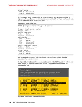 Deployment scenarios - UFP + L2 Failover.fm Draft Document for Review May 1, 2014 2:10 pm
146 NIC Virtualization on IBM Flex System
Virtual ports
INTA3.1 Operational
INTA4.1 Operational
In Example 6-9 notice that the limit is set to 2 and there are only two ports remaining in
Operational status. Because the limit has now been met the failover trigger has kicked in and
put the associated vPorts into a Failed state.
Example 6-9 Failed Trigger state
CN4093a(config)#show failover trigger 1 information
Trigger 1 Manual Monitor: Enabled
Trigger 1 limit: 2
Monitor State: Down
Member Status
--------- -----------
adminkey 5356
EXT11 Failed
EXT12 Failed
EXT13 Operational
EXT14 Operational
Control State: Auto Disabled
Member Status
--------- -----------
Virtual ports
INTA3.1 Failed
INTA4.1 Failed
We can also see disconnects from the host side indicating that a physical or logical
connection has been terminated.
In Figure 6-8 vmnic 2 states Disconnected as the uplinks in the I/O Module to the network has
been severed (or spanning-tree blocked) causing a Trigger Failover response to the
associated vPorts.
Figure 6-8 vmnic2 failure - VMware Management
 