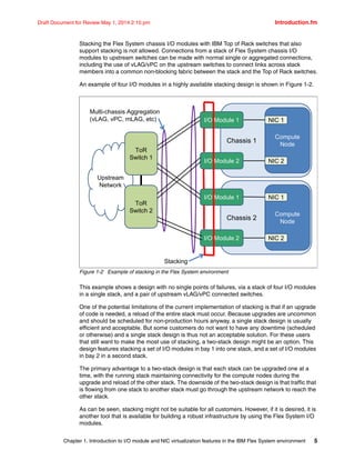 Chapter 1. Introduction to I/O module and NIC virtualization features in the IBM Flex System environment 5
Draft Document for Review May 1, 2014 2:10 pm Introduction.fm
Stacking the Flex System chassis I/O modules with IBM Top of Rack switches that also
support stacking is not allowed. Connections from a stack of Flex System chassis I/O
modules to upstream switches can be made with normal single or aggregated connections,
including the use of vLAG/vPC on the upstream switches to connect links across stack
members into a common non-blocking fabric between the stack and the Top of Rack switches.
An example of four I/O modules in a highly available stacking design is shown in Figure 1-2.
Figure 1-2 Example of stacking in the Flex System environment
This example shows a design with no single points of failures, via a stack of four I/O modules
in a single stack, and a pair of upstream vLAG/vPC connected switches.
One of the potential limitations of the current implementation of stacking is that if an upgrade
of code is needed, a reload of the entire stack must occur. Because upgrades are uncommon
and should be scheduled for non-production hours anyway, a single stack design is usually
efficient and acceptable. But some customers do not want to have any downtime (scheduled
or otherwise) and a single stack design is thus not an acceptable solution. For these users
that still want to make the most use of stacking, a two-stack design might be an option. This
design features stacking a set of I/O modules in bay 1 into one stack, and a set of I/O modules
in bay 2 in a second stack.
The primary advantage to a two-stack design is that each stack can be upgraded one at a
time, with the running stack maintaining connectivity for the compute nodes during the
upgrade and reload of the other stack. The downside of the two-stack design is that traffic that
is flowing from one stack to another stack must go through the upstream network to reach the
other stack.
As can be seen, stacking might not be suitable for all customers. However, if it is desired, it is
another tool that is available for building a robust infrastructure by using the Flex System I/O
modules.
Multi-chassis Aggregation
(vLAG, vPC, mLAG, etc)
Chassis 1
Compute
Node
NIC 1
NIC 2
Upstream
Network
ToR
Switch 2
ToR
Switch 1
I/O Module 1
I/O Module 2
Stacking
Chassis 2
Compute
Node
NIC 1
NIC 2
I/O Module 1
I/O Module 2
 