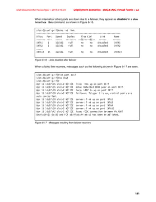 181
Draft Document for Review May 1, 2014 2:10 pm Deployment scenarios - pNICvNIC Virtual Fabric + L2
When internal (or other) ports are down due to a failover, they appear as disabled in a show
interface link command, as shown in Figure 6-16.
Figure 6-16 Links disabled after failover
When a failed link recovers, messages such as the following shown in Figure 6-17 are seen.
Figure 6-17 Messages resulting from failover recovery
slot-2(config-if)#sho int link
------------------------------------------------------------------
Alias Port Speed Duplex Flow Ctrl Link Name
------- ---- ----- -------- --TX-----RX-- ------ ------
INTA1 1 1G/10G full no no disabled INTA1
INTA2 2 1G/10G full no no disabled INTA2
.....
INTA14 14 1G/10G full no no disabled INTA14
slot-2(config-if)#int port ext7
slot-2(config-if)#no shut
slot-2(config-if)#
Apr 15 16:07:35 slot-2 NOTICE link: link up on port EXT7
Apr 15 16:07:35 slot-2 NOTICE dcbx: Detected DCBX peer on port EXT7
Apr 15 16:07:39 slot-2 NOTICE lacp: LACP is up on port EXT7
Apr 15 16:07:39 slot-2 NOTICE failover: Trigger 1 is up, control ports are
auto controlled.
Apr 15 16:07:39 slot-2 NOTICE server: link up on port INTA1
Apr 15 16:07:39 slot-2 NOTICE server: link up on port INTA3
Apr 15 16:07:39 slot-2 NOTICE server: link up on port INTA4
Apr 15 16:07:39 slot-2 NOTICE server: link up on port INTA10
Apr 15 16:07:42 slot-2 NOTICE fcoe: FCOE connection between VN_PORT
0e:fc:00:01:0c:00 and FCF a8:97:dc:44:eb:c3 has been established.
 