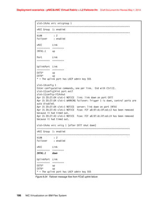 Deployment scenarios - pNICvNIC Virtual Fabric + L2 Failover.fm Draft Document for Review May 1, 2014
186 NIC Virtualization on IBM Flex System
Figure 6-24 Failover message flow from FCoE uplink failure
slot-1#sho vnic vnicgroup 1
------------------------------------------------------------------------
vNIC Group 1: enabled
------------------------------------------------------------------------
VLAN : 2
Failover : enabled
vNIC Link
---------- ---------
INTA1.1 up
Port Link
---------- ---------
UplinkPort Link
---------- ---------
EXT5* up
EXT6* up
* = The uplink port has LACP admin key 555
slot-1#config t
Enter configuration commands, one per line. End with Ctrl/Z.
slot-1(config)#int port ext7
slot-1(config-if)#shut
Apr 15 20:27:04 slot-1 NOTICE link: link down on port EXT7
Apr 15 20:27:04 slot-1 WARNING failover: Trigger 1 is down, control ports are
auto disabled.
Apr 15 20:27:04 slot-1 NOTICE server: link down on port INTA1
Apr 15 20:27:43 slot-1 NOTICE fcoe: FCF a8:97:dc:0f:ed:c3 has been removed
because it had timed out.
Apr 15 20:27:43 slot-1 NOTICE fcoe: FCF a8:97:dc:0f:ed:c4 has been removed
because it had timed out.
slot-1#sho vnic vnicg 1 (after EXT7 shut down)
------------------------------------------------------------------------
vNIC Group 1: enabled
------------------------------------------------------------------------
VLAN : 2
Failover : enabled
vNIC Link
---------- ---------
INTA1.1 down
UplinkPort Link
---------- ---------
EXT5* up
EXT6* up
* = The uplink port has LACP admin key 555
 