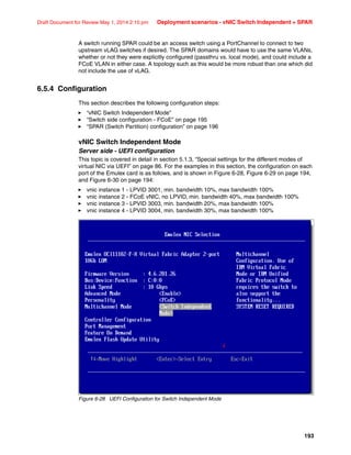 193
Draft Document for Review May 1, 2014 2:10 pm Deployment scenarios - vNIC Switch Independent + SPAR
A switch running SPAR could be an access switch using a PortChannel to connect to two
upstream vLAG switches if desired. The SPAR domains would have to use the same VLANs,
whether or not they were explicitly configured (passthru vs. local mode), and could include a
FCoE VLAN in either case. A topology such as this would be more robust than one which did
not include the use of vLAG.
6.5.4 Configuration
This section describes the following configuration steps:
򐂰 “vNIC Switch Independent Mode”
򐂰 “Switch side configuration - FCoE” on page 195
򐂰 “SPAR (Switch Partition) configuration” on page 196
vNIC Switch Independent Mode
Server side - UEFI configuration
This topic is covered in detail in section 5.1.3, “Special settings for the different modes of
virtual NIC via UEFI” on page 86. For the examples in this section, the configuration on each
port of the Emulex card is as follows, and is shown in Figure 6-28, Figure 6-29 on page 194,
and Figure 6-30 on page 194:
򐂰 vnic instance 1 - LPVID 3001, min. bandwidth 10%, max bandwidth 100%
򐂰 vnic instance 2 - FCoE vNIC, no LPVID, min. bandwidth 40%, max bandwidth 100%
򐂰 vnic instance 3 - LPVID 3003, min. bandwidth 20%, max bandwidth 100%
򐂰 vnic instance 4 - LPVID 3004, min. bandwidth 30%, max bandwidth 100%
Figure 6-28 UEFI Configuration for Switch Independent Mode
 