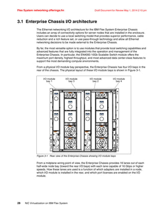 Flex System networking offerings.fm Draft Document for Review May 1, 2014 2:10 pm
28 NIC Virtualization on IBM Flex System
3.1 Enterprise Chassis I/O architecture
The Ethernet networking I/O architecture for the IBM Flex System Enterprise Chassis
includes an array of connectivity options for server nodes that are installed in the enclosure.
Users can decide to use a local switching model that provides superior performance, cable
reduction and a rich feature set, or use pass-through technology and allow all Ethernet
networking decisions to be made external to the Enterprise Chassis.
By far, the most versatile option is to use modules that provide local switching capabilities and
advanced features that are fully integrated into the operation and management of the
Enterprise Chassis. In particular, the EN4093 10Gb Scalable Switch module offers the
maximum port density, highest throughput, and most advanced data center-class features to
support the most demanding compute environments.
From a physical I/O module bay perspective, the Enterprise Chassis has four I/O bays in the
rear of the chassis. The physical layout of these I/O module bays is shown in Figure 3-1.
Figure 3-1 Rear view of the Enterprise Chassis showing I/O module bays
From a midplane wiring point of view, the Enterprise Chassis provides 16 lanes out of each
half-wide node bay (toward the rear I/O bays) with each lane capable of 16 Gbps or higher
speeds. How these lanes are used is a function of which adapters are installed in a node,
which I/O module is installed in the rear, and which port licenses are enabled on the I/O
module.
I/O module
bay 1
I/O module
bay 3
I/O module
bay 2
I/O module
bay 4
 