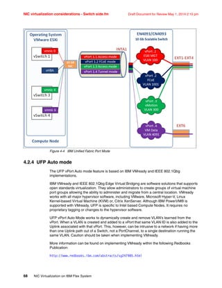 NIC virtualization considerations - Switch side.fm Draft Document for Review May 1, 2014 2:10 pm
68 NIC Virtualization on IBM Flex System
Figure 4-4 IBM Unified Fabric Port Mode
4.2.4 UFP Auto mode
The UFP vPort Auto mode feature is based on IBM VMready and IEEE 802.1Qbg
implementations.
IBM VMready and IEEE 802.1Qbg Edge Virtual Bridging are software solutions that supports
open standards virtualization. They allow administrators to create groups of virtual machine
port groups allowing the ability to administer and migrate from a central location. VMready
works with all major hypervisor software, including VMware, Microsoft Hyper-V, Linux
Kernel-based Virtual Machine (KVM) or, Citrix XenServer. Although IBM PowerVM® is
supported with VMready, UFP is specific to Intel based Compute Nodes. It requires no
proprietary tagging or changes to the hypervisor software.
UFP vPort Auto Mode works to dynamically create and remove VLAN’s learned from the
vPort. When a VLAN is created and added to a vPort that same VLAN ID is also added to the
Uplink associated with that vPort. This, however, can be intrusive to a network if having more
than one Uplink path out of a Switch, not a PortChannel, to a single destination running the
same VLAN. Caution should be taken when implementing VMready.
More information can be found on implementing VMready within the following Redbooks
Publication:
http://www.redbooks.ibm.com/abstracts/sg247985.html
 
