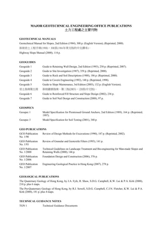MAJOR GEOTECHNICAL ENGINEERING OFFICE PUBLICATIONS
土力工程處之主要刊物土力工程處之主要刊物土力工程處之主要刊物土力工程處之主要刊物
GEOTECHNICAL MANUALS
Geotechnical Manual for Slopes, 2nd Edition (1984), 300 p. (English Version), (Reprinted, 2000).
斜坡岩土工程手冊(1998)，308頁(1984年英文版的中文譯本)。
Highway Slope Manual (2000), 114 p.
GEOGUIDES
Geoguide 1 Guide to Retaining Wall Design, 2nd Edition (1993), 258 p. (Reprinted, 2007).
Geoguide 2 Guide to Site Investigation (1987), 359 p. (Reprinted, 2000).
Geoguide 3 Guide to Rock and Soil Descriptions (1988), 186 p. (Reprinted, 2000).
Geoguide 4 Guide to Cavern Engineering (1992), 148 p. (Reprinted, 1998).
Geoguide 5 Guide to Slope Maintenance, 3rd Edition (2003), 132 p. (English Version).
岩土指南第五冊 斜坡維修指南，第三版(2003)，120頁(中文版)。
Geoguide 6 Guide to Reinforced Fill Structure and Slope Design (2002), 236 p.
Geoguide 7 Guide to Soil Nail Design and Construction (2008), 97 p.
GEOSPECS
Geospec 1 Model Specification for Prestressed Ground Anchors, 2nd Edition (1989), 164 p. (Reprinted,
1997).
Geospec 3 Model Specification for Soil Testing (2001), 340 p.
GEO PUBLICATIONS
GCO Publication
No. 1/90
Review of Design Methods for Excavations (1990), 187 p. (Reprinted, 2002).
GEO Publication
No. 1/93
Review of Granular and Geotextile Filters (1993), 141 p.
GEO Publication
No. 1/2000
Technical Guidelines on Landscape Treatment and Bio-engineering for Man-made Slopes and
Retaining Walls (2000), 146 p.
GEO Publication
No. 1/2006
Foundation Design and Construction (2006), 376 p.
GEO Publication
No. 1/2007
Engineering Geological Practice in Hong Kong (2007), 278 p.
GEOLOGICAL PUBLICATIONS
The Quaternary Geology of Hong Kong, by J.A. Fyfe, R. Shaw, S.D.G. Campbell, K.W. Lai & P.A. Kirk (2000),
210 p. plus 6 maps.
The Pre-Quaternary Geology of Hong Kong, by R.J. Sewell, S.D.G. Campbell, C.J.N. Fletcher, K.W. Lai & P.A.
Kirk (2000), 181 p. plus 4 maps.
TECHNICAL GUIDANCE NOTES
TGN 1 Technical Guidance Documents
TableofContentsTableofContentsTableofContentsTableofContentsTableofContents
 