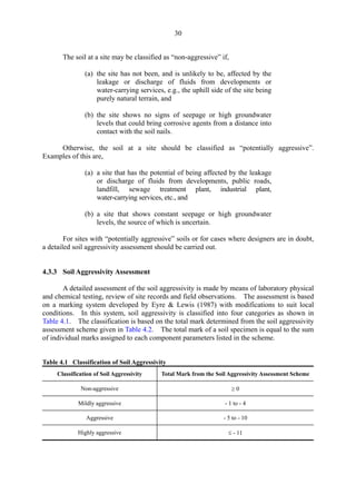 30
The soil at a site may be classified as “non-aggressive” if,
(a) the site has not been, and is unlikely to be, affected by the
leakage or discharge of fluids from developments or
water-carrying services, e.g., the uphill side of the site being
purely natural terrain, and
(b) the site shows no signs of seepage or high groundwater
levels that could bring corrosive agents from a distance into
contact with the soil nails.
Otherwise, the soil at a site should be classified as “potentially aggressive”.
Examples of this are,
(a) a site that has the potential of being affected by the leakage
or discharge of fluids from developments, public roads,
landfill, sewage treatment plant, industrial plant,
water-carrying services, etc., and
(b) a site that shows constant seepage or high groundwater
levels, the source of which is uncertain.
For sites with “potentially aggressive” soils or for cases where designers are in doubt,
a detailed soil aggressivity assessment should be carried out.
4.3.3 Soil Aggressivity Assessment
A detailed assessment of the soil aggressivity is made by means of laboratory physical
and chemical testing, review of site records and field observations. The assessment is based
on a marking system developed by Eyre & Lewis (1987) with modifications to suit local
conditions. In this system, soil aggressivity is classified into four categories as shown in
Table 4.1. The classification is based on the total mark determined from the soil aggressivity
assessment scheme given in Table 4.2. The total mark of a soil specimen is equal to the sum
of individual marks assigned to each component parameters listed in the scheme.
Classification of Soil Aggressivity Total Mark from the Soil Aggressivity Assessment Scheme
Non-aggressive ≥ 0
Mildly aggressive - 1 to - 4
Aggressive - 5 to - 10
Highly aggressive ≤ - 11
Table 4.1 Classification of Soil Aggressivity
TableofContentsTableofContentsTableofContentsTableofContentsTableofContents
 