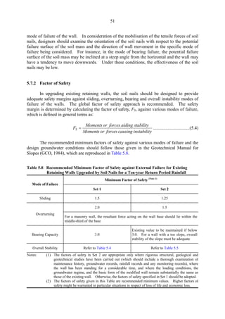 51
mode of failure of the wall. In consideration of the mobilisation of the tensile forces of soil
nails, designers should examine the orientation of the soil nails with respect to the potential
failure surface of the soil mass and the direction of wall movement in the specific mode of
failure being considered. For instance, in the mode of bearing failure, the potential failure
surface of the soil mass may be inclined at a steep angle from the horizontal and the wall may
have a tendency to move downwards. Under these conditions, the effectiveness of the soil
nails may be low.
5.7.2 Factor of Safety
In upgrading existing retaining walls, the soil nails should be designed to provide
adequate safety margins against sliding, overturning, bearing and overall instability modes of
failure of the walls. The global factor of safety approach is recommended. The safety
margin is determined by calculating the factor of safety, FS, against various modes of failure,
which is defined in general terms as:
Moments or forces aiding stability
FS =	 ................................(5.4) 

Moments or forces causing instability
The recommended minimum factors of safety against various modes of failure and the
design groundwater conditions should follow those given in the Geotechnical Manual for
Slopes (GCO, 1984), which are reproduced in Table 5.8.
Table 5.8 	 Recommended Minimum Factor of Safety against External Failure for Existing
Mode of Failure
Minimum Factor of Safety (Note 1)
Set 1 Set 2
Sliding 1.5 1.25
Overturning
2.0 1.5
For a masonry wall, the resultant force acting on the wall base should lie within the
middle-third of the base
Bearing Capacity 3.0
Existing value to be maintained if below
3.0. For a wall with a toe slope, overall
stability of the slope must be adequate
Overall Stability Refer to Table 5.4 Refer to Table 5.5
Retaining Walls Upgraded by Soil Nails for a Ten-year Return Period Rainfall
Notes: (1)	 The factors of safety in Set 2 are appropriate only where rigorous structural, geological and
geotechnical studies have been carried out (which should include a thorough examination of
maintenance history, groundwater records, rainfall records and any monitoring records), where
the wall has been standing for a considerable time, and where the loading conditions, the
groundwater regime, and the basic form of the modified wall remain substantially the same as
those of the existing wall. Otherwise, the factors of safety specified in Set 1 should be adopted.
(2) The factors of safety given in this Table are recommended minimum values. Higher factors of
safety might be warranted in particular situations in respect of loss of life and economic loss.
TableofContentsTableofContentsTableofContentsTableofContentsTableofContents
 