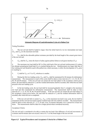 78
Load
Tp = 0.9 fy A
Tult
Ta
TDL1
TDL2
Deformation
Schematic Diagram of Load-deformation Cycles of a Pullout Test
Testing Procedures
1. The test soil nail shall be loaded in stages: from the initial load (Ta) via two intermediate test loads 

(TDL1 and TDL2) to the maximum test load. 

2. TDL1 shall be the allowable pullout resistance provided by the bond length of the cement grout sleeve 

of the test soil nail. 

3. TDL2 shall be TDL1 times the factor of safety against pullout failure at soil-grout interface (FSG).
4. The maximum test load shall be 90 % of the yield load of the test soil-nail reinforcement (Tp) unless

the ultimate ground-grout bond load (Tult) is reached during the test. Reinforcement size larger than that of

the working soil nail should be used in the pullout test, where necessary, to allow the development of Tult prior

to reaching Tp. 

5. Ta shall be TDL1 or 5 % of Tp, whichever is smaller.
6. During the first two loading cycles, TDL1 and TDL2 shall be maintained for 60 minutes for deformation

measurement. The measurement at each of the cycles shall be taken at time intervals of 1, 3, 6, 10, 20, 30,

40, 50 and 60 minutes. If the test soil nail can sustain the test load subject to the acceptance criteria given

below, the load shall be reduced to Ta and the residual deformation shall be recorded, after which the test shall 

proceed to the next loading cycle. 

7. In the last loading cycle, the test load shall be increased gradually from Ta straight to the maximum

test load and then maintained for deformation measurement. The measurement shall be taken at time

intervals of 1, 3, 6, 10, 20, 30, 40, 50 and 60 minutes. If the test soil nail can sustain the test load subject to

the acceptance criteria given below, the load shall be reduced to Ta and the residual deformation shall be 

recorded, after which the test is completed.

8. If the test soil nail fails to sustain TDL1, TDL2, or the maximum test load in any cycle, the test shall be

terminated and the soil nail movement against residual load with time shall be recorded. The measurements 

shall be taken at time intervals of 1, 3, 6, 10 and, every 10 minutes thereafter over a period for at least two 

hours. The measurements shall be taken for a longer period where considered necessary. 

Acceptance Criteria
The test soil nail is considered to be able to sustain the test load if the difference of soil nail movements at

6 minutes and 60 minutes does not exceed 2 mm or 0.1 % of the bond length of the test soil nail.

Figure 6.3 Typical Procedures and Acceptance Criteria for a Pullout Test
TableofContentsTableofContentsTableofContentsTableofContentsTableofContents
 