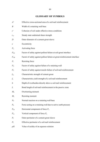 89
GLOSSARY OF SYMBOLS
A' Effective cross-sectional area of a soil-nail reinforcement
B Width of a retaining wall base
c' Cohesion of soil under effective stress conditions
css Steady state undrained shear strength
D Outer diameter of a cement grout sleeve
e Eccentricity
Fa Activating force
FSG Factor of safety against pullout failure at soil-grout interface
FGR Factor of safety against pullout failure at grout-reinforcement interface
Fr Resisting force
FS Factor of safety against failure of a retaining wall
FT Factor of safety against tensile failure of soil-nail reinforcement
fcu Characteristic strength of cement grout
fy Characteristic yield strength of a soil-nail reinforcement
h Depth of overburden directly above a soil-nail reinforcement
L Bond length of soil-nail reinforcement in the passive zone
Mo Overturning moment
Mr Resisting moment
N1 Normal reaction on a retaining wall base
Pa Force acting on a retaining wall due to active earth pressure
Pah Horizontal component of force Pa
Pav Vertical component of force Pa
Pc Outer perimeter of a cement grout sleeve
Pr Effective perimeter of a soil-nail reinforcement
pH Value of acidity of an aqueous solution
TableofContentsTableofContentsTableofContentsTableofContentsTableofContents
 