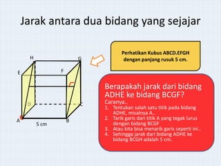 Jarak antara dua bidang yang sejajar
H

G

Perhatikan Kubus ABCD.EFGH
dengan panjang rusuk 5 cm.

F

E

Berapakah jarak dari bidang
ADHE ke bidang BCGF?
D
A

C

5 cm

B

Caranya..

1. Tentukan salah satu titik pada bidang
ADHE, misalnya A..
2. Tarik garis dari titik A yang tegak lurus
dengan bidang BCGF
3. Atau kita bisa menarik garis seperti ini..
4. Sehingga jarak dari bidang ADHE ke
bidang BCGH adalah 5 cm.

 
