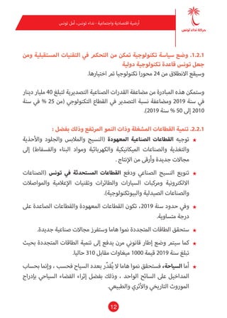 12
‫تونس‬ ‫أمل‬ ،‫تونس‬ ‫نداء‬ - ‫واجتامعية‬ ‫اقتصادية‬ ‫أرضية‬
‫ومن‬ ‫املستقبلية‬ ‫التقنيات‬ ‫يف‬ ‫التحكم‬ ‫من‬ ‫متكن‬ ‫تكنولوجية‬ ‫سياسة‬ ‫وضع‬ .1.2.1
‫دولية‬ ‫تكنولوجية‬ ‫قاعدة‬ ‫تونس‬ ‫جعل‬
.‫اختيارها‬ ‫تم‬ ‫تكنولوجيا‬ ‫محورا‬ 24 ‫من‬ ‫االنطالق‬ ‫وسيقع‬
‫دينار‬ ‫مليار‬ 40 ‫لتبلغ‬ ‫التصديرية‬ ‫الصناعية‬ ‫القدرات‬ ‫مضاعفة‬ ‫من‬ ‫املبادرة‬ ‫هذه‬ ‫وستمكن‬
‫سنة‬ ‫يف‬ % 25 ‫(من‬ ‫التكنولوجي‬ ‫القطاع‬ ‫يف‬ ‫التصدير‬ ‫نسبة‬ ‫ومضاعفة‬ 2019 ‫سنة‬ ‫يف‬
.)2019 ‫سنة‬ % 50 ‫إىل‬ 2010
: ‫بفضل‬ ‫وذلك‬ ‫املرتفع‬ ‫النمو‬ ‫وذات‬ ‫املشغلة‬ ‫القطاعات‬ ‫تنمية‬ .2.2.1
★★‫واألحذية‬ ‫والجلود‬ ‫واملالبس‬ ‫(النسيج‬ ‫املعهودة‬ ‫الصناعية‬ ‫القطاعات‬ ‫توجيه‬
‫إىل‬ )‫والفسفاط‬ ‫البناء‬ ‫ومواد‬ ‫والكهربائية‬ ‫امليكانيكية‬ ‫والصناعات‬ ‫والتغذية‬
. ‫اإلنتاج‬ ‫من‬ ‫وأرقى‬ ‫جديدة‬ ‫مجاالت‬
★★‫(الصناعات‬ ‫تونس‬ ‫يف‬ ‫املستحدثة‬ ‫القطاعات‬ ‫ودفع‬ ‫الصناعي‬ ‫النسيج‬ ‫تنويع‬
‫واملواصالت‬ ‫اإلعالمية‬ ‫وتقنيات‬ ‫والطائرات‬ ‫السيارات‬ ‫ومركبات‬ ‫االلكرتونية‬
.)‫والبيوتكنولوجية‬ ‫الصيدلية‬ ‫والصناعات‬
★★‫عىل‬ ‫الصاعدة‬ ‫والقطاعات‬ ‫املعهودة‬ ‫القطاعات‬ ‫تكون‬ ،2019 ‫سنة‬ ‫حدود‬ ‫ويف‬
.‫متساوية‬ ‫درجة‬
★★.‫جديدة‬ ‫صناعية‬ ‫مجاالت‬ ‫وستفرز‬ ‫هاما‬ ‫منوا‬ ‫املتجددة‬ ‫الطاقات‬ ‫ستحقق‬
★★‫بحيث‬ ‫املتجددة‬ ‫الطاقات‬ ‫تنمية‬ ‫إىل‬ ‫يدفع‬ ‫مرن‬ ‫قانوين‬ ‫إطار‬ ‫وضع‬ ‫سيتم‬ ‫كام‬
.‫حاليا‬ 310 ‫مقابل‬ ‫ميغاوات‬ 1000 ‫قيمة‬ 2019 ‫سنة‬ ‫تبلغ‬
★★‫بحساب‬ ‫وإمنا‬ ، ‫فحسب‬ ‫السياح‬ ‫بعدد‬ ‫ر‬ّ‫د‬‫ق‬ُ‫ي‬ ‫ال‬ ‫هاما‬ ‫منوا‬ ‫فستحقق‬ ،‫السياحة‬ ‫أما‬
‫بإدراج‬ ‫السياحي‬ ‫الفضاء‬ ‫إثراء‬ ‫بفضل‬ ‫وذلك‬ ، ‫الواحد‬ ‫السائح‬ ‫عىل‬ ‫املداخيل‬
.‫والطبيعي‬ ‫واألثري‬ ‫التاريخي‬ ‫املوروث‬
 