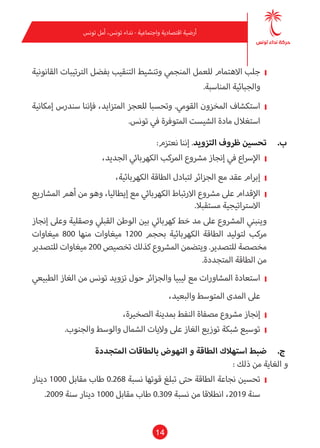 14
‫تونس‬ ‫أمل‬ ،‫تونس‬ ‫نداء‬ - ‫واجتامعية‬ ‫اقتصادية‬ ‫أرضية‬
❙❙‫القانونية‬ ‫الرتتيبات‬ ‫بفضل‬ ‫التنقيب‬ ‫وتنشيط‬ ‫املنجمي‬ ‫للعمل‬ ‫االهتامم‬ ‫جلب‬
.‫املناسبة‬ ‫والجبائية‬
❙❙‫إمكانية‬ ‫سندرس‬ ‫فإننا‬ ،‫املتزايد‬ ‫للعجز‬ ‫وتحسبا‬ .‫القومي‬ ‫املخزون‬ ‫استكشاف‬
.‫تونس‬ ‫يف‬ ‫املتوفرة‬ ‫الشيست‬ ‫مادة‬ ‫استغالل‬
‫ب‬ .	:‫نعتزم‬ ‫إننا‬ .‫التزويد‬ ‫ظروف‬ ‫تحسني‬
❙❙،‫الجديد‬ ‫الكهربايئ‬ ‫املركب‬ ‫مرشوع‬ ‫إنجاز‬ ‫يف‬ ‫اإلرساع‬
❙❙،‫الكهربائية‬ ‫الطاقة‬ ‫لتبادل‬ ‫الجزائر‬ ‫مع‬ ‫عقد‬ ‫إبرام‬
❙❙‫املشاريع‬ ‫أهم‬ ‫من‬ ‫وهو‬ ،‫إيطاليا‬ ‫مع‬ ‫الكهربايئ‬ ‫االرتباط‬ ‫مرشوع‬ ‫عىل‬ ‫اإلقدام‬
.‫مستقبال‬ ‫االسرتاتيجية‬
‫إنجاز‬ ‫وعىل‬ ‫وصقلية‬ ‫القبيل‬ ‫الوطن‬ ‫بني‬ ‫كهربايئ‬ ‫خط‬ ‫مد‬ ‫عىل‬ ‫املرشوع‬ ‫وينبني‬
‫ميغاوات‬ 800 ‫منها‬ ‫ميغاوات‬ 1200 ‫بحجم‬ ‫الكهربائية‬ ‫الطاقة‬ ‫لتوليد‬ ‫مركب‬
‫للتصدير‬ ‫ميغاوات‬ 200 ‫تخصيص‬ ‫كذلك‬ ‫املرشوع‬ ‫ويتضمن‬ .‫للتصدير‬ ‫مخصصة‬
.‫املتجددة‬ ‫الطاقة‬ ‫من‬
❙❙‫الطبيعي‬ ‫الغاز‬ ‫من‬ ‫تونس‬ ‫تزويد‬ ‫حول‬ ‫والجزائر‬ ‫ليبيا‬ ‫مع‬ ‫املشاورات‬ ‫استعادة‬
،‫والبعيد‬ ‫املتوسط‬ ‫املدى‬ ‫عىل‬
❙❙،‫الصخرية‬ ‫مبدينة‬ ‫النفط‬ ‫مصفاة‬ ‫مرشوع‬ ‫إنجاز‬
❙❙.‫والجنوب‬ ‫والوسط‬ ‫الشامل‬ ‫واليات‬ ‫عىل‬ ‫الغاز‬ ‫توزيع‬ ‫شبكة‬ ‫توسيع‬
‫ج‬ .	‫املتجددة‬ ‫بالطاقات‬ ‫النهوض‬ ‫و‬ ‫الطاقة‬ ‫استهالك‬ ‫ضبط‬
: ‫ذلك‬ ‫من‬ ‫الغاية‬ ‫و‬
❙❙‫دينار‬ 1000 ‫مقابل‬ ‫طاب‬ 0.268 ‫نسبة‬ ‫قوتها‬ ‫تبلغ‬ ‫حتى‬ ‫الطاقة‬ ‫نجاعة‬ ‫تحسني‬
.2009 ‫سنة‬ ‫دينار‬ 1000 ‫مقابل‬ ‫طاب‬ 0.309 ‫نسبة‬ ‫من‬ ‫انطالقا‬ ،2019 ‫سنة‬
 