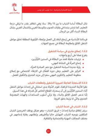 31
‫تونس‬ ‫أمل‬ ،‫تونس‬ ‫نداء‬ - ‫واجتامعية‬ ‫اقتصادية‬ ‫أرضية‬
‫درجة‬ ‫ترتقي‬ ‫ما‬ ‫بقدر‬ ‫تتفاقم‬ ‫وهي‬ .‫سنة‬ 29‫و‬ 15 ‫بني‬ ‫ما‬ ‫الشباب‬ ‫أساسا‬ ‫البطالة‬ ‫تنال‬
‫وتنال‬ .‫الغريب‬ ‫والشامل‬ ‫الغريب‬ ‫والوسط‬ ‫الجنوب‬ ‫واليات‬ ‫يف‬ ‫بشدة‬ ‫تنترش‬ ‫كام‬ .‫التعليم‬
.‫الرجال‬ ‫من‬ ‫أكرث‬ ‫النساء‬ ‫البطالة‬
‫مواطن‬ ‫لخلق‬ ‫املطلقة‬ ‫األولوية‬ ‫وإعطاء‬ ‫العمل‬ ‫إىل‬ ‫البالد‬ ‫إرجاع‬ ‫هي‬ ‫األساسية‬ ‫فرسالتنا‬
.‫الجهات‬ ‫جميع‬ ‫يف‬ ‫البطالة‬ ‫وملقاومة‬ ‫الالئق‬ ‫الشغل‬
‫التشغيل‬ ‫سياسة‬ ‫يف‬ ‫جذري‬ ‫إصالح‬ .1.2.2
:‫واجهات‬ ‫أربع‬ ‫عىل‬ ‫عملنا‬ ‫يتفرع‬
★★،‫ـني‬َ‫ي‬َ‫ل‬ْ‫و‬‫األ‬ ‫السنتني‬ ‫يف‬ ‫البطالة‬ ‫من‬ ّ‫د‬‫للح‬ ‫عاجلة‬ ‫ترتيبات‬
★★،‫املهني‬ ‫النشاط‬ ‫يف‬ ‫املرأة‬ ‫إدماج‬
★★،‫ة‬ّ‫ر‬‫الح‬ ‫املبادرة‬ ‫دعم‬ ‫مع‬ ‫التشغيل‬ ‫لسياسة‬ ‫جديدة‬ ‫رؤية‬
★★‫إصالح‬ ‫مع‬ ‫االجتامعي‬ ‫االرتقاء‬ ‫يف‬ ‫ال‬ّ‫ع‬‫الف‬ ‫دوره‬ ‫وعىل‬ ‫التعليم‬ ‫عىل‬ ‫الرتكيز‬
. ‫للعمل‬ ‫والتأهيل‬ ‫الجدوى‬ ‫مزيد‬ ‫إىل‬ ‫سعيا‬ ‫املهني‬ ‫والتكوين‬ ‫التعليم‬ ‫منظومة‬
‫الشباب‬ ‫ولتطلعات‬ ‫التشغيل‬ ‫لرضورة‬ ‫العاجلة‬ ‫االستجابة‬ 2.2.2
‫الشغل‬ ‫مواطن‬ ‫إحداث‬ ‫يف‬ ‫استثنايئ‬ ‫بدور‬ ‫ولة‬ّ‫د‬‫ال‬ ‫تقوم‬ ،‫الراهنة‬ ‫الشديدة‬ ‫لألزمة‬ ‫نظرا‬
.‫السبيل‬ ‫هذا‬ ‫يف‬ ‫قدراته‬ ّ‫كل‬ ‫الخاص‬ ‫القطاع‬ ‫يستدرك‬ ‫أن‬ ‫إىل‬ ‫ـني‬َ‫ي‬َ‫ل‬ْ‫و‬‫األ‬ ‫السنتني‬ ‫أثناء‬
‫املعدومة‬ ‫والهبات‬ ‫املساعدات‬ ‫أسلوب‬ ‫نزيك‬ ‫وال‬ ،‫والبناء‬ ‫الالئق‬ ‫العمل‬ ‫ندعم‬ ‫ّنا‬‫ن‬‫إ‬
.‫الرثوة‬ ‫بخلق‬ ‫ترتبط‬ ‫ال‬ ‫ي‬ّ‫ت‬‫وال‬ ‫الجدوى‬
‫الشباب‬ ‫خدمة‬ ‫يف‬ ‫الشباب‬ .3.2.2
‫الشبان‬ ‫الخريجني‬ ‫يوظف‬ ‫هيكل‬ ‫وهو‬ » ‫الشباب‬ ‫فريق‬ « ‫إحداث‬ ‫مبادرة‬ ‫إطالق‬ ‫سيتم‬
‫يف‬ ‫إدماجهم‬ ‫بغاية‬ ‫وإعالمهم‬ ‫وتأطريهم‬ ‫حاليا‬ ‫ش‬ّ‫م‬‫ُه‬‫مل‬‫ا‬ ‫الشباب‬ ‫بتوجيه‬ ‫املكلفني‬
.‫والثقافية‬ ‫واالجتامعية‬ ‫املهنية‬ ‫املجاالت‬ ‫مختلف‬
 