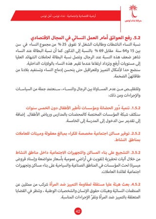 42
‫تونس‬ ‫أمل‬ ،‫تونس‬ ‫نداء‬ - ‫واجتامعية‬ ‫اقتصادية‬ ‫أرضية‬
‫االقتصادي‬ ‫املجال‬ ‫يف‬ ‫النسايئ‬ ‫العمل‬ ‫أمام‬ ‫العوائق‬ ‫رفع‬ .5.2
‫سن‬ ‫يف‬ ‫النساء‬ ‫مجموع‬ ‫من‬ % 25 ‫تفوق‬ ‫ال‬ ‫الشغل‬ ‫وطالبات‬ ‫الناشطات‬ ‫النساء‬ ‫نسبة‬
‫النساء‬ ‫عند‬ ‫البطالة‬ ‫نسبة‬ ‫أن‬ ‫كام‬ .‫الذكور‬ ‫إىل‬ ‫بالنسبة‬ % 69 ‫مقابل‬ ‫سنة‬ 64‫و‬ 15 ‫بني‬
‫العليا‬ ‫الشهائد‬ ‫لحامالت‬ ‫البطالة‬ ‫نسبة‬ ‫وتصل‬ .‫الرجال‬ ‫عند‬ ‫النسبة‬ ‫هذه‬ ‫ضعف‬ ‫تناهز‬
.‫الداخلية‬ ‫بالواليات‬ ‫النساء‬ ‫هذه‬ ‫تقيم‬ ‫عندما‬ ‫ارتفاعا‬ ‫وتزداد‬ ‫أرفع‬ ‫مستويات‬ ‫إىل‬
‫من‬ ‫بالدنا‬ ‫وتستفيد‬ ‫النساء‬ ‫إدماج‬ ‫يتحسن‬ ‫حتى‬ ‫وللعراقيل‬ ‫التمييز‬ ‫ألشكال‬ ‫حدا‬ ‫سنضع‬
.‫الضخمة‬ ّ‫ن‬‫طاقاته‬
‫السياســات‬ ‫من‬ ‫جملة‬‫ســنعتمد‬ ،‫والنســاء‬ ‫الرجال‬ ‫بني‬ ‫املســاواة‬ ‫عدم‬ ‫مــن‬ ‫وللتقليــص‬
:‫ذلك‬ ‫ومن‬ ‫واإلجراءات‬
‫سنوات‬ ‫الخمس‬ ‫دون‬ ‫األطفال‬ ‫تأطري‬ ‫ومؤسسات‬ ‫الحضانة‬ ‫ُور‬‫د‬ ‫تنمية‬ .1.5.2
‫إضافة‬ ,‫األطفال‬ ‫ورياض‬ ‫باملدارس‬ ‫كاملحضنات‬ ‫املختصة‬ ‫املؤسسات‬ ‫شبكة‬ ‫سنكثف‬
.‫الخامسة‬ ‫إىل‬ ‫املدرسة‬ ‫إىل‬ ‫الدخول‬ ‫سن‬ ‫تقديم‬ ‫إىل‬
‫للعامالت‬ ‫ومبيتات‬ ‫معقولة‬ ‫مببالغ‬ ‫للكراء‬ ‫مخصصة‬ ‫اجتامعية‬ ‫مساكن‬ ‫توفري‬ .2.5.2
.‫النشاط‬ ‫مبناطق‬
‫النشاط‬ ‫مناطق‬ ‫داخل‬ ‫االجتامعية‬ ‫والتجهيزات‬ ‫املساكن‬ ‫بناء‬ ‫عىل‬ ‫التشجيع‬ .3.5.2
‫قروض‬ ‫وإسناد‬ ‫متواضعة‬ ‫بأسعار‬ ‫عمومية‬ ‫أرايض‬ ‫يف‬ ‫(تفويت‬ ‫تحفيزية‬ ‫آليات‬ ‫خالل‬ ‫من‬
‫وتجهيزات‬ ‫مساكن‬ ‫بناء‬ ‫عىل‬ ‫والسياحية‬ ‫الصناعية‬ ‫املناطق‬ ‫يف‬ ‫املؤسسات‬ ‫لحث‬ )‫ميرسة‬
.‫العامالت‬ ‫لفائدة‬ ‫اجتامعية‬
‫عن‬ ‫ممثلني‬ ‫من‬ ‫ترتكب‬ ‫املرأة‬ ‫ضد‬ ‫التمييز‬ ‫ملقاومة‬ ‫مستقلة‬ ‫عليا‬ ‫هيئة‬ ‫بعث‬ .4.5.2
‫القضايا‬ ‫يف‬ ‫وتنظر‬ ، ‫الوطنية‬ ‫والشخصيات‬ ‫اإلنسان‬ ‫حقوق‬ ‫وهيئات‬ ‫النسائية‬ ‫املنظامت‬
.‫املناسبة‬ ‫اإلجراءات‬ ّ‫ر‬‫وتق‬ ‫املرأة‬ ‫ضد‬ ‫بالتمييز‬ ‫املتعلقة‬
 