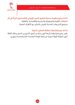 43
‫تونس‬ ‫أمل‬ ،‫تونس‬ ‫نداء‬ - ‫واجتامعية‬ ‫اقتصادية‬ ‫أرضية‬
‫كل‬ ‫يف‬ ‫املرأة‬ ‫متثيل‬ ‫لفائدة‬ ‫اإليجايب‬ ‫التمييز‬ ‫لتطبيق‬ ‫مندمجة‬ ‫منظومة‬ ‫وضع‬ .5.5.2
‫والثقافية‬ ‫واالقتصادية‬ ‫والسياسية‬ ‫والجمعياتية‬ ‫النقابية‬ ‫املجاالت‬
.‫املعنية‬ ‫األطراف‬ ‫مع‬ ‫بالتشاور‬ ‫للغرض‬ ‫املناسبة‬ ‫الترشيعات‬ ‫وسنضع‬
‫الدولية‬ ‫للمعايري‬ ‫مطابقة‬ ‫والدة‬ ‫إجازة‬ ‫منح‬ .6.5.2
‫الثالثة‬ ‫وخالل‬ ‫الحمل‬ ‫من‬ ‫التاسع‬ ‫الشهر‬ ‫من‬ ‫بداية‬ ‫أشهر‬ ‫بأربعة‬ ‫والدة‬ ‫إجازة‬ ‫مبنح‬ ‫نلتزم‬
.‫بشهرين‬ ‫واملحددة‬ ‫حاليا‬ ‫املعتمدة‬ ‫الوالدة‬ ‫إجازة‬ ‫عن‬ ‫عوضا‬ ‫للوالدة‬ ‫املوالية‬ ‫أشهر‬
 