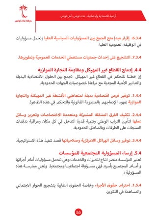 55
‫تونس‬ ‫أمل‬ ،‫تونس‬ ‫نداء‬ - ‫واجتامعية‬ ‫اقتصادية‬ ‫أرضية‬
‫مسؤوليات‬ ‫وتحمل‬ ‫العليا‬ ‫السياسية‬ ‫املسؤوليات‬ ‫بني‬ ‫الجمع‬ ‫منع‬ ‫مبدإ‬ ‫إقرار‬ .6.3.4
.‫العليا‬ ‫العمومية‬ ‫الوظيفة‬ ‫يف‬
.‫وتطويرها‬ ‫العمومية‬ ‫الخدمات‬ ‫مستعميل‬ ‫جمعيات‬ ‫إحداث‬ ‫عىل‬ ‫التشجيع‬ .7.3.4
‫املوازية‬ ‫التجارة‬ ‫ومقاومة‬ ‫املهيكل‬ ‫غري‬ ‫القطاع‬ ‫إدماج‬ .4.4
‫البديلة‬ ‫االقتصادية‬ ‫الحلول‬ ‫بني‬ ‫تجمع‬ ‫املهيكل‬ ‫غري‬ ‫القطاع‬ ‫يف‬ ‫للتحكم‬ ‫خطتنا‬ ‫إن‬
.‫الحدودية‬ ‫الجهات‬ ‫خصوصيات‬ ‫مراعاة‬ ‫مع‬ ‫املجدية‬ ‫األمنية‬ ‫والتدابري‬
‫والتجارة‬ ‫املهيكلة‬ ‫غري‬ ‫األنشطة‬ ‫ملتعاطيي‬ ‫بديلة‬ ‫اقتصادية‬ ‫فرص‬ ‫توفري‬ .1.4.4
.‫الظاهرة‬ ‫هذه‬ ‫يف‬ ‫وللتحكم‬ ‫القانونية‬ ‫باملنظومة‬ ‫إلدماجهم‬ ‫متهيدا‬ ‫املوازية‬
‫وسائل‬ ‫وتعزيز‬ ‫االختصاصات‬ ‫ومتعددة‬ ‫املشرتكة‬ ‫املتنقلة‬ ‫الفرق‬ ‫تكثيف‬ .2.4.4
‫تدفقات‬ ‫ومراقبة‬ ‫مكان‬ ‫كل‬ ‫يف‬ ‫التدخل‬ ‫قدرة‬ ‫وتنمية‬ ‫الوطني‬ ‫الرتاب‬ ‫لتأمني‬ ‫عملها‬
.‫الحدودية‬ ‫وباملناطق‬ ‫الطرقات‬ ‫عىل‬ ‫املنتجات‬
.‫االسرتاتيجية‬ ‫هذه‬ ‫تنفيذ‬ ‫قصد‬ ‫وصالحياتها‬ ‫الالمركزية‬ ‫الهياكل‬ ‫وسائل‬ ‫توفري‬ .3.4.4
‫للمؤسسات‬ ‫املجتمعية‬ ‫املسؤولية‬ ‫إرساء‬ .5.4
‫أجرائها‬ ‫أمام‬ ‫مسؤوليات‬ ‫تتحمل‬ ‫وهي‬ ‫والخدمات‬ ‫للخريات‬ ‫انتاج‬ ‫عنرص‬ ‫املؤسسة‬ ‫تعترب‬
‫هذه‬ ‫مامرســة‬ ‫وتعني‬ .‫ومجتمعيا‬ ‫اجتامعيــا‬ ‫مســؤولة‬ ‫فهي‬ .‫بأرسه‬ ‫املجتمــع‬ ‫أمــام‬ ‫و‬
: ‫املسؤولية‬
‫االجتامعي‬ ‫الحوار‬ ‫بتشجيع‬ ‫النقابية‬ ‫الحقوق‬ ‫وخاصة‬ ‫األجراء‬ ‫حقوق‬ ‫احرتام‬ .1.5.4
.‫التكوين‬ ‫يف‬ ‫واملساهمة‬
 