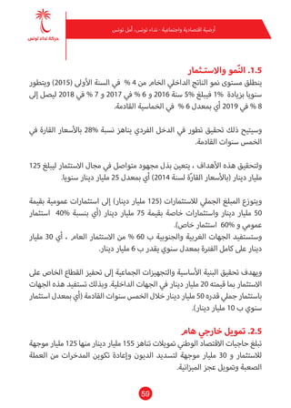 59
‫تونس‬ ‫أمل‬ ،‫تونس‬ ‫نداء‬ - ‫واجتامعية‬ ‫اقتصادية‬ ‫أرضية‬
‫واالستـثامر‬ ‫مو‬ّ‫ن‬‫ال‬ .1.5
‫ويتطور‬ )2015( ‫األوىل‬ ‫السنة‬ ‫يف‬ % 4 ‫من‬ ‫الخام‬ ‫الداخيل‬ ‫الناتج‬ ‫منو‬ ‫مستوى‬ ‫ينطلق‬
‫إىل‬ ‫ليصل‬ 2018 ‫يف‬ % 7 ‫و‬ 2017 ‫يف‬ % 6 ‫و‬ 2016 ‫سنة‬ 5% ‫فيبلغ‬ 1% ‫بزيادة‬ ‫سنويا‬
.‫القادمة‬ ‫الخامسية‬ ‫يف‬ % 6 ‫مبعدل‬ ‫أي‬ 2019 ‫يف‬ % 8
‫يف‬ ‫القارة‬ ‫باألسعار‬ 28% ‫نسبة‬ ‫يناهز‬ ‫الفردي‬ ‫الدخل‬ ‫يف‬ ‫تطور‬ ‫تحقيق‬ ‫ذلك‬ ‫وسيتيح‬
.‫القادمة‬ ‫سنوات‬ ‫الخمس‬
125 ‫ليبلغ‬ ‫االستثامر‬ ‫مجال‬ ‫يف‬ ‫متواصل‬ ‫مجهود‬ ‫بذل‬ ‫يتعني‬ ، ‫األهداف‬ ‫هذه‬ ‫ولتحقيق‬
.‫سنويا‬ ‫دينار‬ ‫مليار‬ 25 ‫مبعدل‬ ‫أي‬ )2014 ‫لسنة‬ ‫ة‬ّ‫ر‬‫القا‬ ‫(باألسعار‬ ‫دينار‬ ‫مليار‬
‫بقيمة‬ ‫عمومية‬ ‫استثامرات‬ ‫إىل‬ )‫دينار‬ ‫مليار‬ 125( ‫لالستثامرات‬ ‫الجميل‬ ‫املبلغ‬ ‫ويتوزع‬
‫استثامر‬ 40% ‫بنسبة‬ ‫(أي‬ ‫دينار‬ ‫مليار‬ 75 ‫بقيمة‬ ‫خاصة‬ ‫واستثامرات‬ ‫دينار‬ ‫مليار‬ 50
.)‫خاص‬ ‫استثامر‬ 60% ‫و‬ ‫عمومي‬
‫مليار‬ 30 ‫أي‬ ، ‫العام‬ ‫االستثامر‬ ‫من‬ % 60 ‫ب‬ ‫والجنوبية‬ ‫الغربية‬ ‫الجهات‬ ‫وستستفيد‬
.‫دينار‬ ‫مليار‬ 6 ‫ب‬ ‫يقدر‬ ‫سنوي‬ ‫مبعدل‬ ‫الفرتة‬ ‫كامل‬ ‫عىل‬ ‫دينار‬
‫عىل‬ ‫الخاص‬ ‫القطاع‬ ‫تحفيز‬ ‫إىل‬ ‫الجامعية‬ ‫والتجهيزات‬ ‫األساسية‬ ‫البنية‬ ‫تحقيق‬ ‫ويهدف‬
‫الجهات‬ ‫هذه‬ ‫تستفيد‬ ‫وبذلك‬ .‫الداخلية‬ ‫الجهات‬ ‫يف‬ ‫دينار‬ ‫مليار‬ 20 ‫قيمته‬ ‫مبا‬ ‫االستثامر‬
‫استثامر‬ ‫مبعدل‬ ‫(أي‬ ‫القادمة‬ ‫سنوات‬ ‫الخمس‬ ‫خالل‬ ‫دينار‬ ‫مليار‬ 50 ‫قدره‬ ‫جميل‬‫باستثامر‬
.)‫دينار‬ ‫مليار‬ 10 ‫ب‬ ‫سنوي‬
‫هام‬ ‫خارجي‬ ‫متويل‬ .2.5
‫موجهة‬ ‫مليار‬ 125 ‫منها‬ ‫دينار‬ ‫مليار‬ 155 ‫تناهز‬ ‫متويالت‬ ‫الوطني‬ ‫االقتصاد‬ ‫حاجيات‬ ‫تبلغ‬
‫العملة‬ ‫من‬ ‫املدخرات‬ ‫تكوين‬ ‫وإعادة‬ ‫الديون‬ ‫لتسديد‬ ‫موجهة‬ ‫مليار‬ 30 ‫و‬ ‫لالستثامر‬
.‫امليزانية‬ ‫عجز‬ ‫ومتويل‬ ‫الصعبة‬
 
