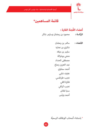 62
‫تونس‬ ‫أمل‬ ،‫تونس‬ ‫نداء‬ - ‫واجتامعية‬ ‫اقتصادية‬ ‫أرضية‬
‫ة‬ّ‫ي‬‫الرسم‬ ‫الوظائف‬ ‫أصحاب‬ ‫باستثناء‬ *
*‫املساهمني‬ ‫قامئة‬
: ‫القارة‬ ‫ّجنة‬‫ل‬‫ال‬ ‫أعضاء‬
‫شاكر‬ ‫وسليم‬ ‫رمضان‬ ‫بن‬ ‫محمود‬ 	: ‫ئاسة‬ّ‫ر‬‫ال‬
‫رمضان‬ ‫بن‬ ‫سامل‬ 	: ‫األعضاء‬
‫عامره‬ ‫بن‬ ‫شكري‬ 	
‫ميالد‬ ‫بن‬ ‫سليم‬ 	
‫بوغزالة‬ ‫منجي‬ 	
‫الحداد‬ ‫مصطفى‬ 	
‫رصاع‬ ‫العزيز‬ ‫عبد‬ 	
	‫ي‬‫سامو‬ ‫أحمد‬ 	
‫شلبي‬ ‫عفيف‬ 	
‫طرابليس‬ ‫نجيب‬ 	
‫كايف‬ ‫فائزة‬ 	
‫كرايف‬ ‫نجيب‬ 	
‫نقاش‬ ‫سنيا‬ 	
‫س‬ّ‫ي‬‫ون‬ ‫أحمد‬ 	
 