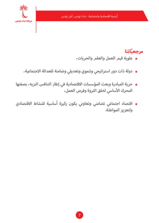 7
‫تونس‬ ‫أمل‬ ،‫تونس‬ ‫نداء‬ - ‫واجتامعية‬ ‫اقتصادية‬ ‫أرضية‬
‫اتنا‬ّ‫ي‬‫مرجع‬
★★،‫والحريات‬ ‫والعلم‬ ‫العمل‬ ‫قيم‬ ‫علوية‬
★★،‫االجتامعية‬ ‫للعدالة‬ ‫وضامنة‬ ‫وتعدييل‬ ‫وتنموي‬ ‫اسرتاتيجي‬ ‫دور‬ ‫ذات‬ ‫دولة‬
★★‫بصفتها‬ ،‫النزيه‬ ‫التنافس‬ ‫إطار‬ ‫يف‬ ‫االقتصادية‬ ‫املؤسسات‬ ‫وبعث‬ ‫املبادرة‬ ‫حرية‬
،‫العمل‬ ‫وفرص‬ ‫الرثوة‬ ‫لخلق‬ ‫األسايس‬ ‫املحرك‬
★★‫االقتصادي‬ ‫للنشاط‬ ‫أساسية‬ ‫ركيزة‬ ‫يكون‬ ‫وتعاوين‬ ‫تضامني‬ ‫اجتامعي‬ ‫اقتصاد‬
.‫املواطنة‬ ‫ولتعزيز‬
 