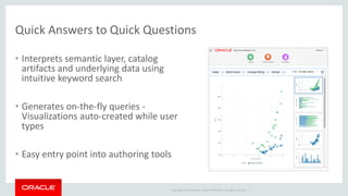 Copyright © 2014 Oracle and/or its affiliates. All rights reserved. |
Quick Answers to Quick Questions
• Interprets semantic layer, catalog
artifacts and underlying data using
intuitive keyword search
• Generates on-the-fly queries -
Visualizations auto-created while user
types
• Easy entry point into authoring tools
 