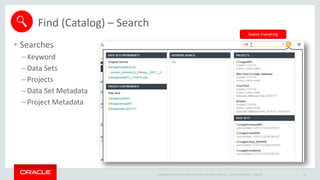 Copyright © 2014 Oracle and/or its affiliates. All rights reserved. |
Find (Catalog) – Search
• Searches
– Keyword
– Data Sets
– Projects
– Data Set Metadata
– Project Metadata
Oracle Confidential – Internal 43
Search Everything
 