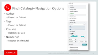 Copyright © 2014 Oracle and/or its affiliates. All rights reserved. |
Find (Catalog)– Navigation Options
• Author
– Project or Dataset
• Tags
– Project or Dataset
• Contains
– Datetime or Geo
• Number of
– Records or attributes
Oracle Confidential – Internal 44
 
