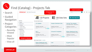 Copyright © 2014 Oracle and/or its affiliates. All rights reserved. |
Find (Catalog) - Projects Tab
• Search
• Guided
Navigation
• Project
Categories
– Recently
Viewed
– Most
Popular
– View all
Oracle Confidential – Internal 49
Search Everything
Discover Big Data
Projects
Navigate by Metadata
 