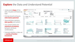Copyright © 2014 Oracle and/or its affiliates. All rights reserved. |
• Understand shape of the
data. Visualize attributes by
type
• Entropy based sorting by
information potential
• View attribute statistics,
data quality and outliers
• Use scratch pad to see
statistical correlations
between attribute
combinations
• Evaluate whether a data set
is worthy of further
investment
Oracle Confidential – Internal 51
Explore the Data and Understand Potential
 