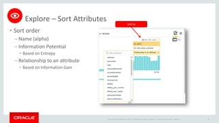 Copyright © 2014 Oracle and/or its affiliates. All rights reserved. |
Explore – Sort Attributes
• Sort order
– Name (alpha)
– Information Potential
• Based on Entropy
– Relationship to an attribute
• Based on Information Gain
Oracle Confidential – Internal 53
Sort by
 