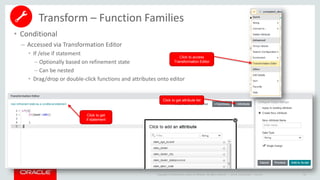 Copyright © 2014 Oracle and/or its affiliates. All rights reserved. |
• Conditional
– Accessed via Transformation Editor
• If /else if statement
– Optionally based on refinement state
– Can be nested
• Drag/drop or double-click functions and attributes onto editor
Oracle Confidential – Internal 64
Transform – Function Families
Click to get attribute list
Click to get
if statement
Click to access
Transformation Editor
 