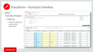 Copyright © 2014 Oracle and/or its affiliates. All rights reserved. |
• Data
Transformation
– Splitting
• Used to separate
multi-value
attributes
Oracle Confidential – Internal 68
Transform – Function Families
 