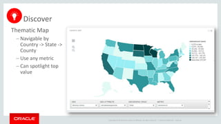 Copyright © 2014 Oracle and/or its affiliates. All rights reserved. |
Discover
Thematic Map
– Navigable by
Country -> State ->
County
– Use any metric
– Can spotlight top
value
Oracle Confidential – Internal
 