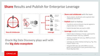 Copyright © 2014 Oracle and/or its affiliates. All rights reserved. |
Share Results and Publish for Enterprise Leverage
Oracle Confidential – Internal 75
• Share and collaborate with the team
– Share projects, bookmarks and snapshots then
collaborate and iterate
• Publish back to Hadoop
– Transforms and enrichments may be applied to
original data sets in Hadoop
– Publish blended data sets back to HDFS
• Leverage results in other tools
– Publish data to Hadoop in format optimized for
advanced analytic tools (e.g. ORAAH)
– Hadoop compliant BI tools (e.g. OBIFS) can burst
out to the masses
– Leverage any native Hadoop tooling (e.g. Pig, Hive,
Impala, Python, etc)
– Integrate BDD data sets with DWH to secure,
govern and optimize for query performance (e.g.
Oracle Big Data SQL)
Oracle Big Data Discovery plays well with
the big data ecosystem
Explore
TransformDiscover
Find
Share & Collaborate
raw data
transformed data
data reservoir
(HDFS)
Publish
data
warehouse
business
intelligence
advanced
analytics
other
hadoop
tools
Leverage
 