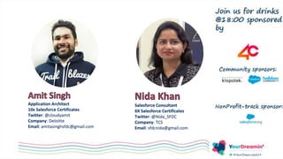 Speakers
Application Architect
10x Salesforce Certificates
Twitter: @cloudyamit
Company: Deloitte
Email: amitasinghsfdc@gmail.com
Salesforce Consultant
6X Salesforce Certificates
Twitter: @Nida_SFDC
Company: TCS
Email: sfdcnida@gmail.com
 