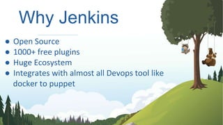 Why Jenkins
● Open Source
● 1000+ free plugins
● Huge Ecosystem
● Integrates with almost all Devops tool like
docker to puppet
 