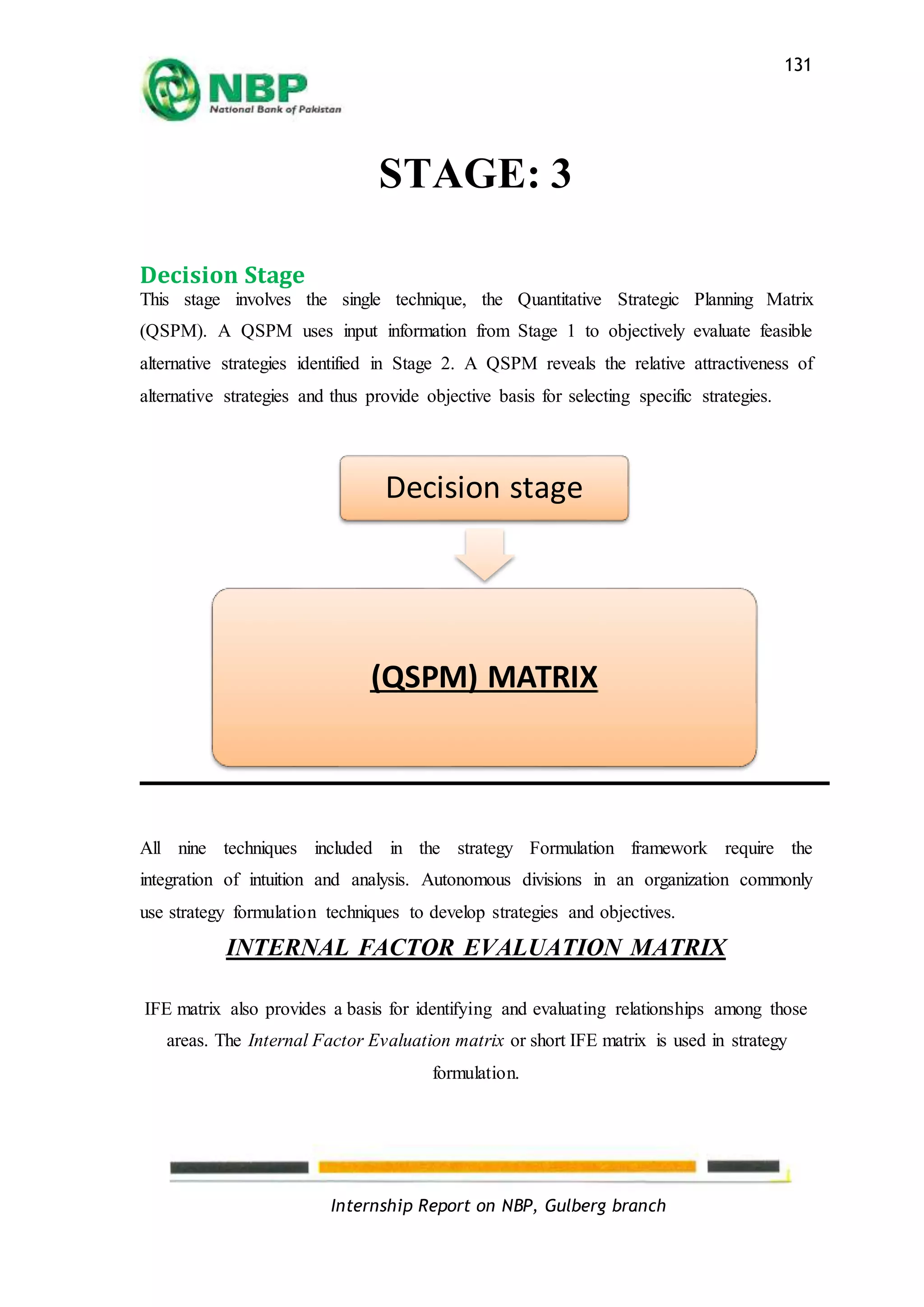 Internship Report on NBP, Gulberg branch
131
STAGE: 3
Decision Stage
This stage involves the single technique, the Quantitative Strategic Planning Matrix
(QSPM). A QSPM uses input information from Stage 1 to objectively evaluate feasible
alternative strategies identified in Stage 2. A QSPM reveals the relative attractiveness of
alternative strategies and thus provide objective basis for selecting specific strategies.
All nine techniques included in the strategy Formulation framework require the
integration of intuition and analysis. Autonomous divisions in an organization commonly
use strategy formulation techniques to develop strategies and objectives.
INTERNAL FACTOR EVALUATION MATRIX
IFE matrix also provides a basis for identifying and evaluating relationships among those
areas. The Internal Factor Evaluation matrix or short IFE matrix is used in strategy
formulation.
Decision stage
(QSPM) MATRIX
 