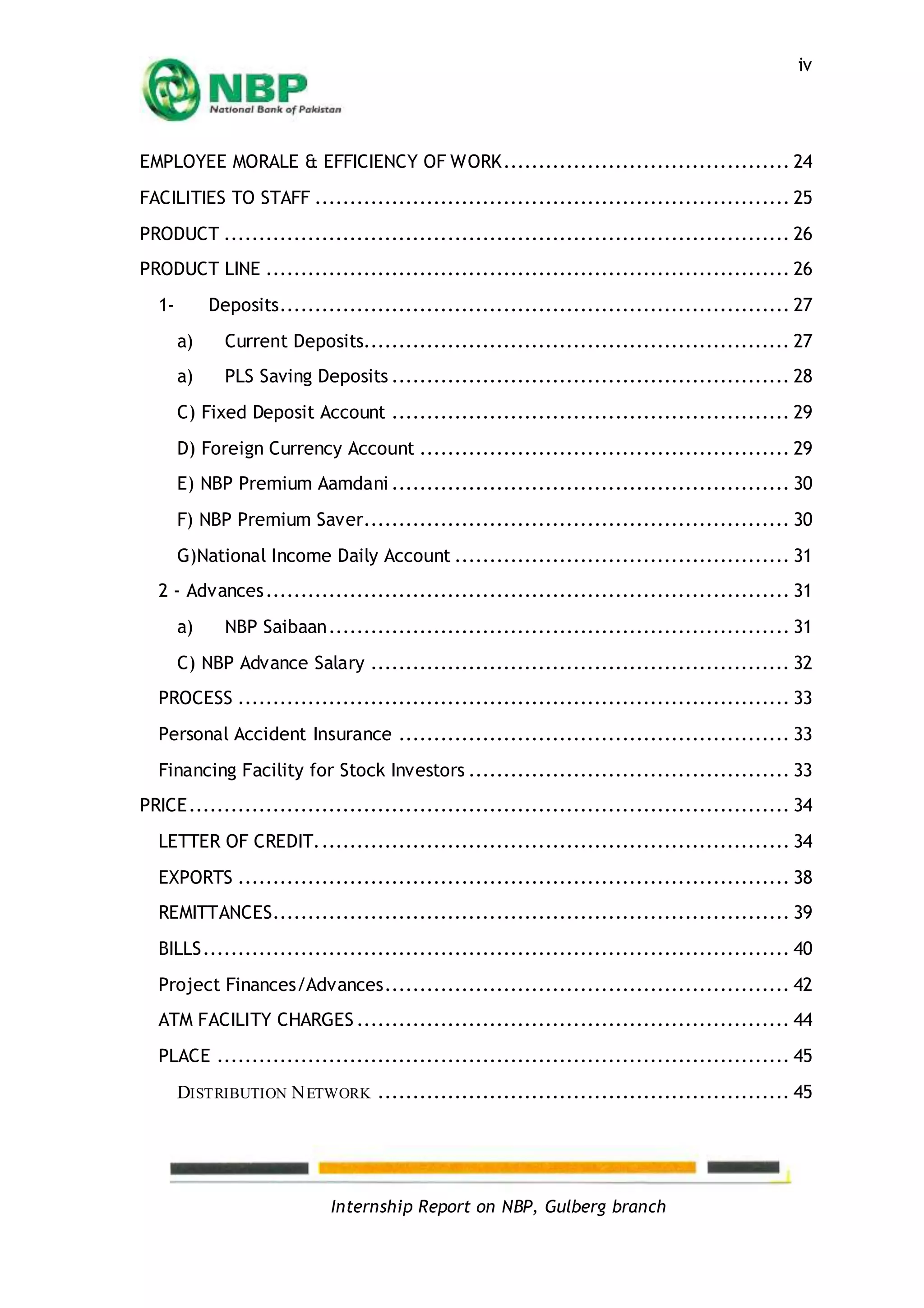 Internship Report on NBP, Gulberg branch
iv
EMPLOYEE MORALE & EFFICIENCY OF WORK......................................... 24
FACILITIES TO STAFF .................................................................... 25
PRODUCT ................................................................................. 26
PRODUCT LINE ........................................................................... 26
1- Deposits......................................................................... 27
a) Current Deposits............................................................. 27
a) PLS Saving Deposits ......................................................... 28
C) Fixed Deposit Account ......................................................... 29
D) Foreign Currency Account ..................................................... 29
E) NBP Premium Aamdani ......................................................... 30
F) NBP Premium Saver............................................................. 30
G)National Income Daily Account ................................................ 31
2 - Advances........................................................................... 31
a) NBP Saibaan.................................................................. 31
C) NBP Advance Salary ............................................................ 32
PROCESS ............................................................................... 33
Personal Accident Insurance ........................................................ 33
Financing Facility for Stock Investors .............................................. 33
PRICE...................................................................................... 34
LETTER OF CREDIT.................................................................... 34
EXPORTS ............................................................................... 38
REMITTANCES.......................................................................... 39
BILLS.................................................................................... 40
Project Finances/Advances.......................................................... 42
ATM FACILITY CHARGES .............................................................. 44
PLACE .................................................................................. 45
DISTRIBUTION NETWORK ........................................................... 45
 