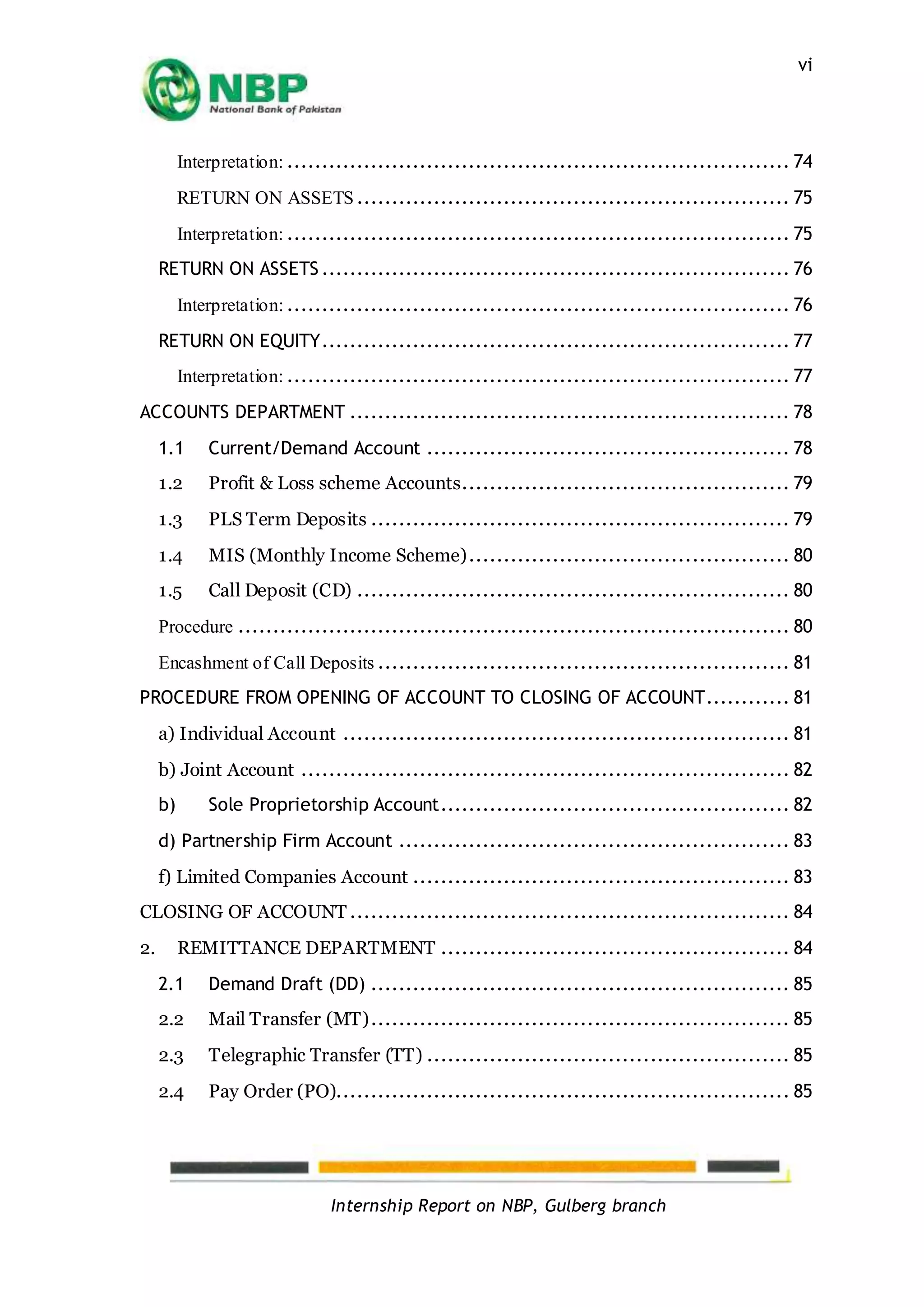 Internship Report on NBP, Gulberg branch
vi
Interpretation: ........................................................................ 74
RETURN ON ASSETS .............................................................. 75
Interpretation: ........................................................................ 75
RETURN ON ASSETS ................................................................... 76
Interpretation: ........................................................................ 76
RETURN ON EQUITY................................................................... 77
Interpretation: ........................................................................ 77
ACCOUNTS DEPARTMENT ............................................................... 78
1.1 Current/Demand Account .................................................... 78
1.2 Profit & Loss scheme Accounts............................................... 79
1.3 PLS Term Deposits ............................................................ 79
1.4 MIS (Monthly Income Scheme).............................................. 80
1.5 Call Deposit (CD) .............................................................. 80
Procedure ............................................................................... 80
Encashment of Call Deposits ........................................................... 81
PROCEDURE FROM OPENING OF ACCOUNT TO CLOSING OF ACCOUNT............ 81
a) Individual Account ................................................................ 81
b) Joint Account ...................................................................... 82
b) Sole Proprietorship Account.................................................. 82
d) Partnership Firm Account ........................................................ 83
f) Limited Companies Account ...................................................... 83
CLOSING OF ACCOUNT ............................................................... 84
2. REMITTANCE DEPARTMENT .................................................. 84
2.1 Demand Draft (DD) ............................................................ 85
2.2 Mail Transfer (MT)............................................................ 85
2.3 Telegraphic Transfer (TT) .................................................... 85
2.4 Pay Order (PO)................................................................. 85
 
