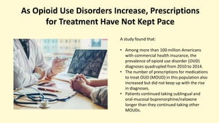 A study found that:
• Among more than 100 million Americans
with commercial health insurance, the
prevalence of opioid use disorder (OUD)
diagnoses quadrupled from 2010 to 2014.
• The number of prescriptions for medications
to treat OUD (MOUD) in this population also
increased but did not keep up with the rise
in diagnoses.
• Patients continued taking sublingual and
oral-mucosal buprenorphine/naloxone
longer than they continued taking other
MOUDs.
As Opioid Use Disorders Increase, Prescriptions
for Treatment Have Not Kept Pace
 