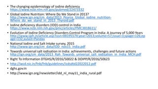 • The changing epidemiology of iodine deficiency
https://www.ncbi.nlm.nih.gov/pubmed/22473332
• Global Iodine Nutrition: Where Do We Stand in 2013?
http://www.ign.org/cm_data/2013_Pearce_Global_iodine_nutrition-
Where_do_we_stand_in_2013_Thyroid.pdf
• Iodine deficiency disorders (IDD) control in India
https://www.ncbi.nlm.nih.gov/pmc/articles/PMC3818611/
• Evolution of Iodine Deficiency Disorders Control Program in India: A Journey of 5,000 Years
http://www.ijph.in/article.asp?issn=0019557X;year=2013;volume=57;issue=3;spage=126;ep
age=132;aulast=Pandav
• National Iodine and Salt Intake survey, 2015
http://www.ign.org/cm_data/IDD_nov15_india.pdf
• Towards universal salt iodisation in India: achievements, challenges and future actions
http://ign.org/cm_data/2013_Rah_Towards_universal_salt_iodisation_in_India_MCH.pdf
• Right To Information DTGHS/R/2016/50022 & DOIPP/R/2016/50623
• http://wcd.nic.in/fnb/fnb/guidelines/icdsdtd22022012.pdf
• dghs.gov.in
• http://www.ign.org/newsletter/idd_nl_may11_india_rural.pdf
 