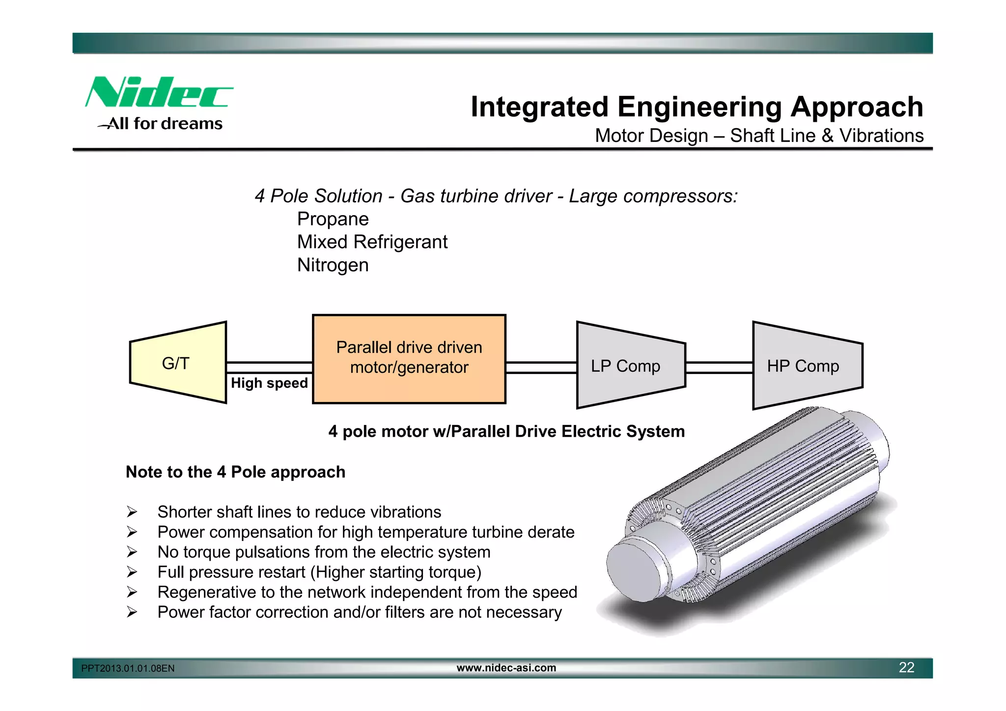 Integrated Engineering Approach
Motor Design – Shaft Line & Vibrations
4 Pole Solution - Gas turbine driver - Large compressors:
Propane
Mixed Refrigerant
Nitrogen

Parallel drive driven
motor/generator

G/T

LP Comp

HP Comp

High speed

4 pole motor w/Parallel Drive Electric System
Note to the 4 Pole approach







Shorter shaft lines to reduce vibrations
Power compensation for high temperature turbine derate
No torque pulsations from the electric system
Full pressure restart (Higher starting torque)
Regenerative to the network independent from the speed
Power factor correction and/or filters are not necessary

PPT2013.01.01.08EN

www.nidec-asi.com

22

 