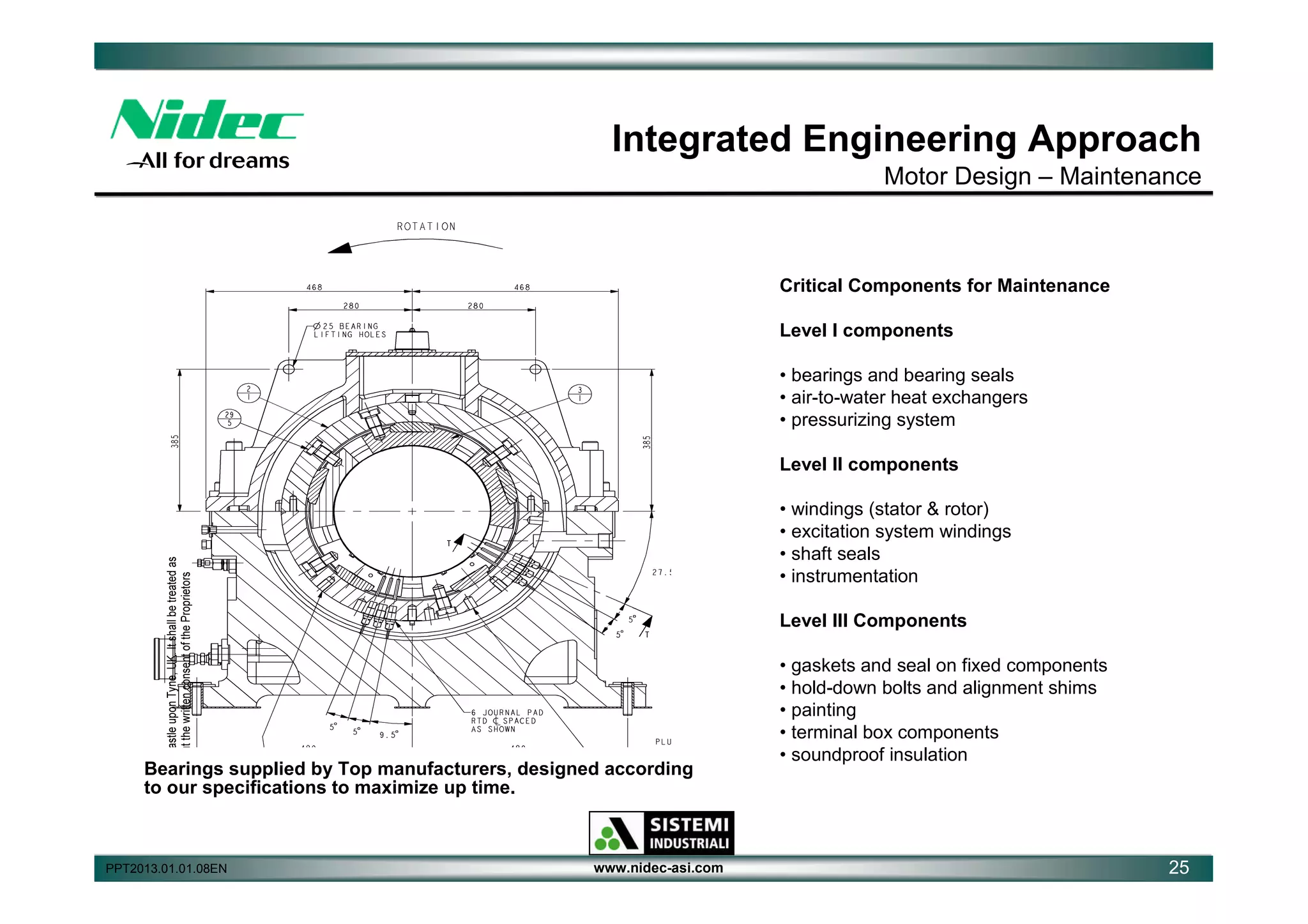 Integrated Engineering Approach
Motor Design – Maintenance

Critical Components for Maintenance
Level I components
• bearings and bearing seals
• air-to-water heat exchangers
• pressurizing system
Level II components
• windings (stator & rotor)
• excitation system windings
• shaft seals
• instrumentation
Level III Components

Bearings supplied by Top manufacturers, designed according
to our specifications to maximize up time.

PPT2013.01.01.08EN

www.nidec-asi.com

• gaskets and seal on fixed components
• hold-down bolts and alignment shims
• painting
• terminal box components
• soundproof insulation

25

 