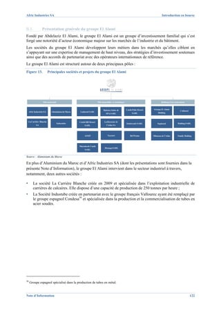 Afric Industries SA                                                                                                                   Introduction en bourse



II.1.              Présentation générale du groupe El Alami
Fondé par Abdelaziz El Alami, le groupe El Alami est un groupe d’investissement familial qui s’est
forgé une notoriété d’acteur économique majeur sur les marchés de l’industrie et du bâtiment.
Les sociétés du groupe El Alami développent leurs métiers dans les marchés qu’elles ciblent en
s’appuyant sur une expertise de management de haut niveau, des stratégies d’investissement soutenues
ainsi que des accords de partenariat avec des opérateurs internationaux de référence.
Le groupe El Alami est structuré autour de deux principaux pôles :
Figure 13.                 Principales sociétés et projets du groupe El Alami




                    Pôle industriel                                    Pôle immobilier et touristique                                Holdings d’investissement


                                                                             Balcony Suites &           Castle Palm Resort   Groupe El Alami
     Afric Industries SA     Aluminium du Maroc   Lotinord SARL                                                                                          Cofinord
                                                                                SPA SARL                      SARL                Holding



    La Carrière Blanche                           Castle Hill Resort          La Roseraie de
                                      Industube                                                         Senioryads SARL          Sopinord             Holding SARL
             SA                                        SARL                     l’Atlas SA




                                                       ASSIF                     Tayourt                    Bel Promo        Mimosas de l’Atlas       Family Holding



                                                  Marrakech Castle
                                                                              Dicanga SARL
                                                       SARL


Source : Aluminium du Maroc

En plus d’Aluminium du Maroc et d’Afric Industries SA (dont les présentations sont fournies dans la
présente Note d’Information), le groupe El Alami intervient dans le secteur industriel à travers,
notamment, deux autres sociétés :

▪        La société La Carrière Blanche créée en 2009 et spécialisée dans l’exploitation industrielle de
         carrières de calcaires. Elle dispose d’une capacité de production de 250 tonnes par heure ;
▪        La Société Industube créée en partenariat avec le groupe français Vallourec ayant été remplaçé par
         le groupe espagnol Condesa50 et spécialisée dans la production et la commercialisation de tubes en
         acier soudés.




50
     Groupe espagnol spécialisé dans la production de tubes en métal.


Note d’Information                                                                                                                                                  122
 